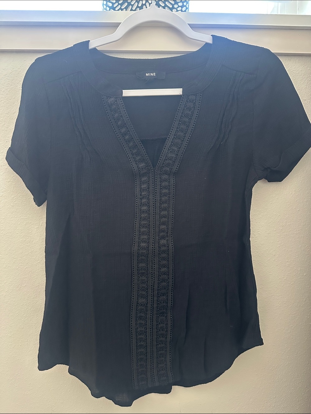 MINE Black Short-Sleeve V-Neck Top with Crochet Trim